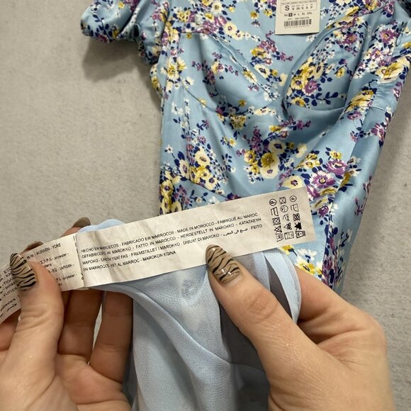Zara Dress Womens Small Blue Floral Puff Sleeve Fit & Flare Mini Satin Sundress - Picture 11 of 14